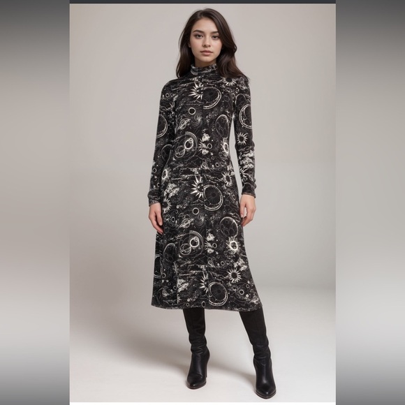 JOHNNY WAS JANIE FAVORITE SEAMED MOCK NECK DRESS MINA SMALL Sun moon star NWT 99 - Picture 7 of 9